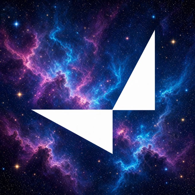 A stylized white logo, possibly a letter 'M' or 'N', set against a vibrant cosmic background of purple and blue nebulae and stars.