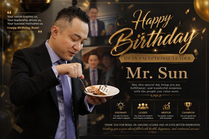 A birthday greeting card reads 'Happy Birthday to an Exceptional Leader, Mr. Sun' featuring a man in a suit holding a plate of food, with text praising his vision, leadership, and success.