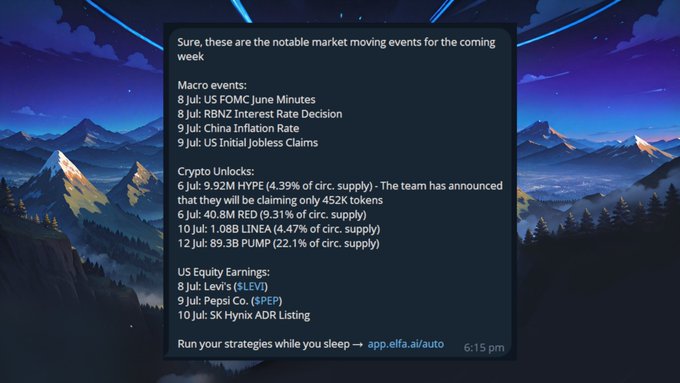 A dark-themed informational graphic listing notable market-moving events for the coming week, including Macro events (US FOMC, RBNZ Interest Rate, China Inflation, US Jobless Claims), Crypto Unlocks (9.92M HYPE, 40.8M RED, 1.08B LINEA, 89.3B PUMP), and US Equity Earnings (Levi's, Pepsi Co., SK Hynix), with a link to 'app.elfa.ai/auto'.