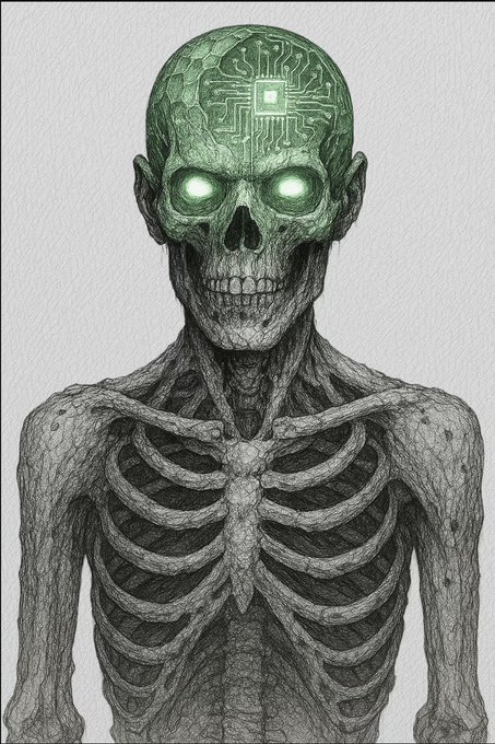 A detailed pencil sketch depicts a cybernetic skeleton with exposed ribs and skull, featuring glowing green eyes and a green circuit-board pattern covering its cranium.