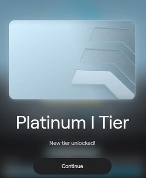 A digital notification screen displays a platinum-colored card graphic with the text 'Platinum I Tier', 'New tier unlocked!', and a 'Continue' button.