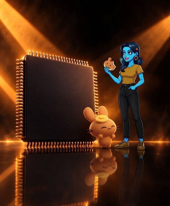A blue-skinned cartoon woman holding a cookie stands next to a small bunny-like character in front of a large microchip, with dramatic orange spotlights illuminating the scene. The image playfully illustrates the post's joke about a quiet date with the $CAKE token, using the cookie and bunny mascot as visual representations of the cryptocurrency while the microchip hints at the underlying blockchain technology.