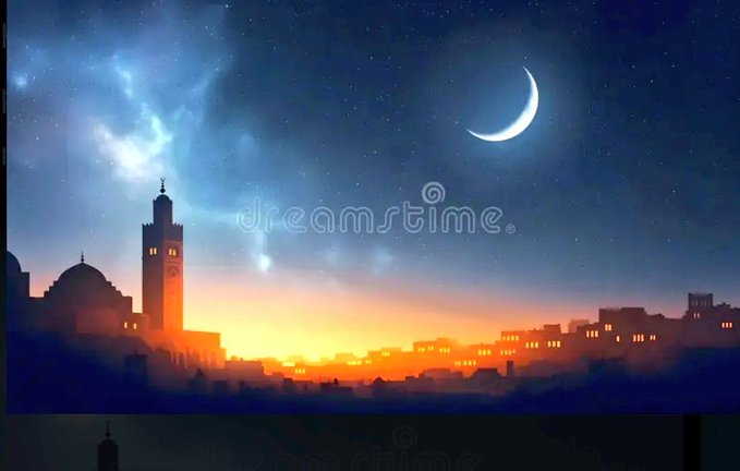 The image features a beautiful cityscape at sunset, with a crescent moon visible in the sky above the buildings. The city appears to be illuminated by warm orange lights, creating a serene atmosphere. In the foreground of the photo, there is a mosque with a tall minaret and a clock tower on top. The image also includes text that reads "Good Night everyone Hope you had a great day and that you're finally getting some peaceful time to relax and unwind".