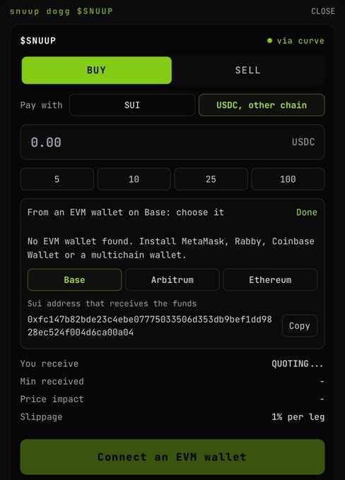A cryptocurrency trading interface for $NNUUP token via Curve, showing a Buy/Sell toggle, payment options of SUI or USDC, and a field for connecting an EVM wallet. The Sui receiving address is displayed as 0xfc147b82bde23c4ebe07775033506d353db9bef1dd9828ec524f004d6ca00a04.