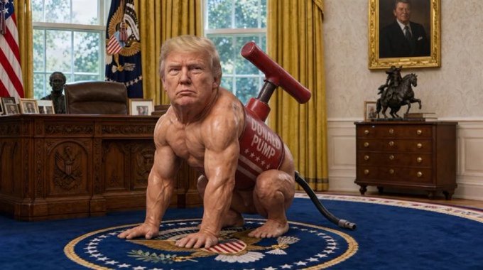 A digitally manipulated image shows Donald Trump's head on a muscular, naked body posed like a dog in the Oval Office, with a 'Liberty Pump' fire extinguisher inserted behind him.