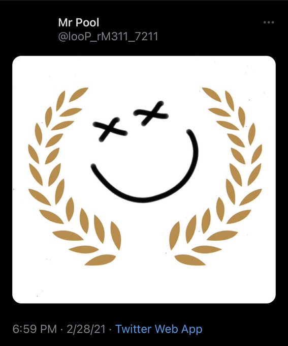 A 2021 tweet from Mr Pool (@looP_rM311_7211) showing a smiley face with X-shaped eyes encircled by a gold laurel wreath, shared in support of XRP and captioned "SMILE."
