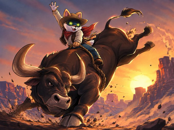 A digital illustration of an anthropomorphic cat wearing a cowboy hat, red bandana, and sunglasses riding a charging bull at sunset in a desert canyon landscape.