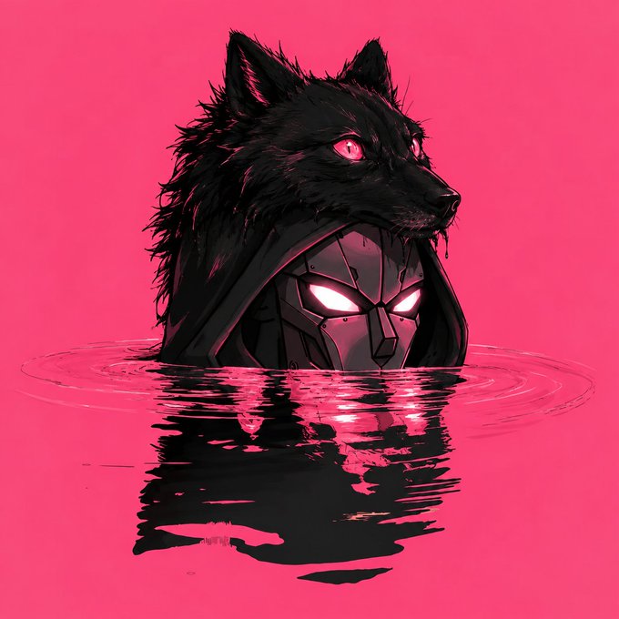 A stylized digital artwork depicting a black wolf's head merged with a robotic helmet, emerging from pink water with glowing pink eyes.