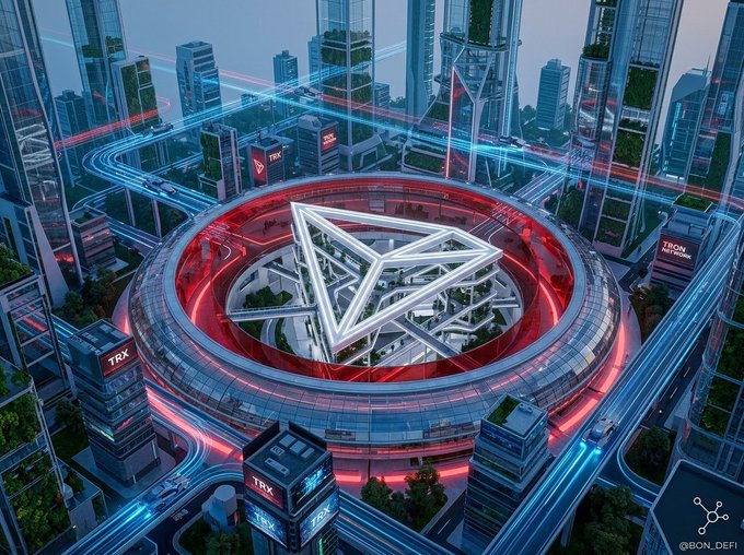 A futuristic digital cityscape featuring a large glowing 'TRX' symbol in the center of a circular structure, surrounded by skyscrapers labeled 'TRON' and 'TRX', credited to '@ABON_DEFI'.