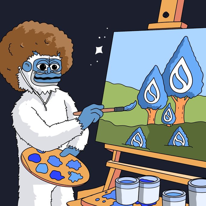 An illustration of a blue-skinned, white-furred yeti-like character with an afro painting a landscape featuring stylized Sui (SUI) cryptocurrency logo trees on a canvas.