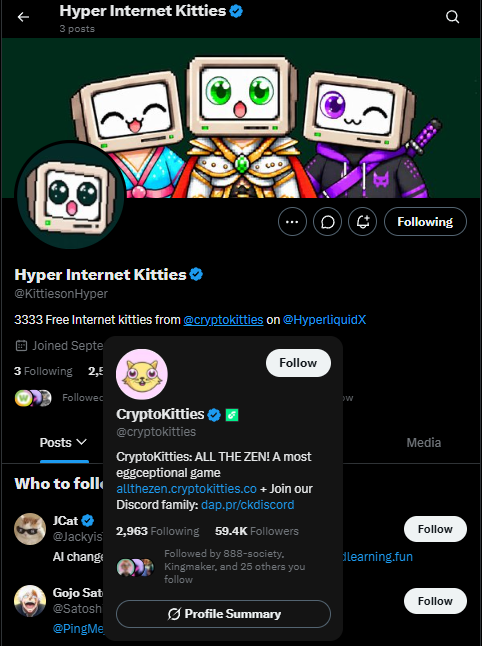 The image shows the Twitter/X profile page for "Hyper Internet Kitties" (@KittiesonHyper), featuring cartoon computer monitor characters with cat-like faces and a green gem in the center. A popup overlay displays the verified CryptoKitties (@cryptokitties) profile with 2,963 followers, highlighting the project's connection mentioned in the post about its early collections. The bio reads "3333 Free Internet kitties from @cryptokitties on @HyperliquidX," linking it as a derivative project of the original CryptoKitties game.