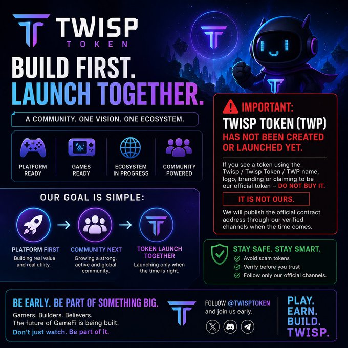 A promotional infographic for 'TWISP TOKEN (TWP)' warning that the token has not been created yet, advising users not to buy scam tokens, with messaging 'BUILD FIRST. LAUNCH TOGETHER.'