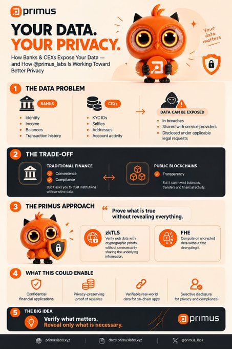 An infographic from Primus Labs titled "YOUR DATA. YOUR PRIVACY." explaining how data exposure occurs with banks and CEXs and presenting their privacy-preserving approach using zkTLS and FHE technologies.