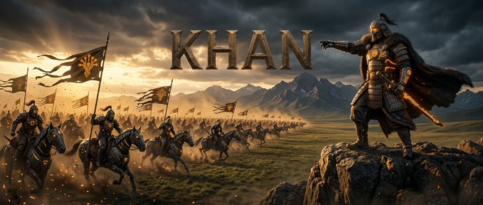 The image shows a dramatic battle scene with a Mongolian-style warrior standing triumphantly on a rocky outcrop, overlooking a vast cavalry army charging across a grassy plain beneath the bold "KHAN" title. The medieval, conqueror imagery visually reinforces the $KHAN token's branding while tying into the accompanying message promoting its open-source code on GitHub.