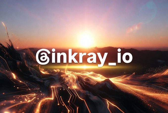 A digital landscape at sunset with glowing golden circuit lines across mountainous terrain, overlaid with the text '@inkray_io'.