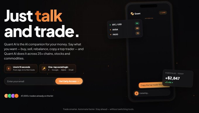 The image features an advertisement for Quant AI's trading platform, which is designed as a betting app with a focus on making better decisions using machine learning technology. It offers users several features like real-time updates of market sentiments, technical indicators and signals, and access to order book information. The main phone in the photo depicts various elements related to this trading app, such as a cell phone displaying a chat window at the bottom right corner with an orange banner reading "Just Talk and Trade." This marketing strategy aims to promote the app by highlighting its unique features that make it different from other trading platforms available on the market.