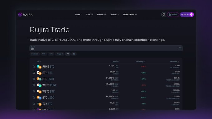 The image shows the Rujira Trade interface displaying a list of BTC trading pairs with their last prices, 24h changes, and 24h volumes. Visible pairs include RUNE/BTC, ETH/BTC, BTC/USDT, WBTC/RUNE, WBTC/BTC, BTC/USDC, and TCY/BTC, with all showing negative 24h changes around -1% to -2%. This relates to the post by showing the current BTC pair offerings on Rujira, illustrating which pairs are already available as the team considers adding more BTC pairs based on user requests.