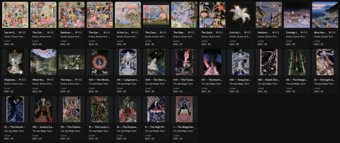 A digital storefront displays a grid of tarot card illustrations titled 'The Iap Magic Tarot,' featuring colorful fantasy artwork with titles like 'The Sun,' 'The Cars,' 'Rainbow,' and 'XX — The World,' each priced around $307.85 and labeled 'Dream Illusion And.'