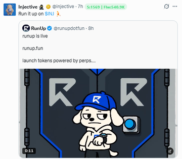 A social media post from Injective referencing a RunUp token with the text 'Run it up on $INJ' and an animated cartoon character wearing a blue cap.