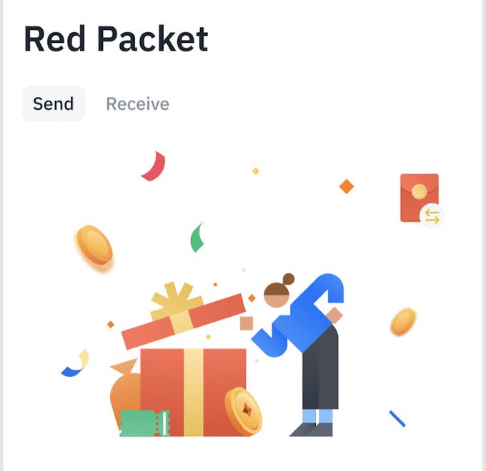 A 'Red Packet' interface with 'Send' and 'Receive' tabs, illustrated with a woman opening gift boxes surrounded by coins and confetti.