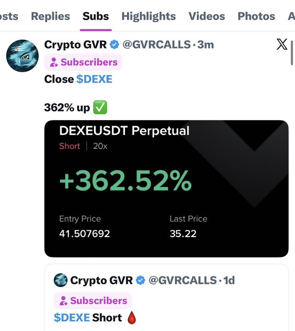 A screenshot of a tweet from Crypto GVR (@GVRCALLS) showing a successful short trade on the $DEXEUSDT perpetual pair at 20x leverage, achieving +362.52% profit with an entry price of 41.507692 and last price of 35.22, as promoted in the accompanying post highlighting 362% gains for Twitter subscribers.