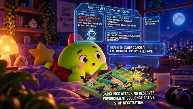 An illustration of a green cartoon character lying in bed at night while an 'Agentic AI Enforcement Center' interface appears above it, with text indicating 'DARKLINGS ATTACKING RESERVES! ENFORCEMENT SEQUENCE ACTIVE. STOP NEGOTIATING.'