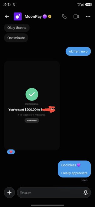 A screenshot of a direct message conversation with MoonPay showing a successful $200 USD transaction confirmation on the Solana network, alongside the user's grateful response thanking MoonPay for their help.