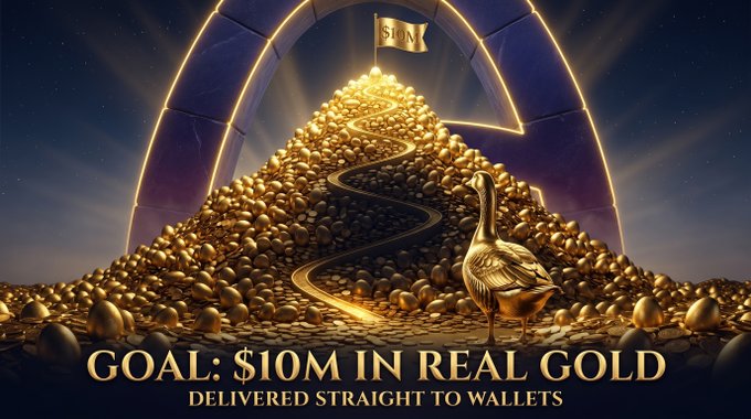 A promotional image showing a golden duck standing before a mountain of gold coins with a flag reading '$10M', captioned 'GOAL: $10M IN REAL GOLD DELIVERED STRAIGHT TO WALLETS'.