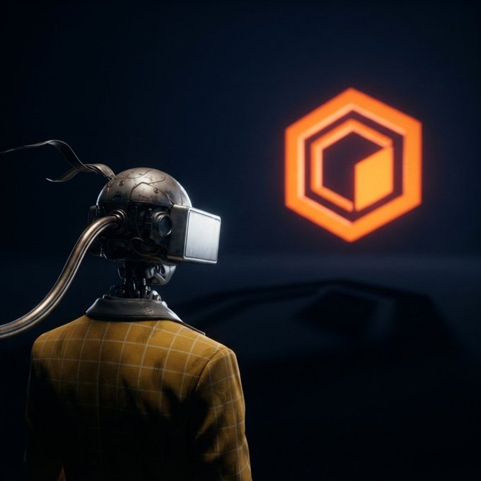 A retro-styled robot with a VR-like headset and yellow plaid jacket stands looking at a glowing orange hexagonal logo in a dark, cinematic setting.