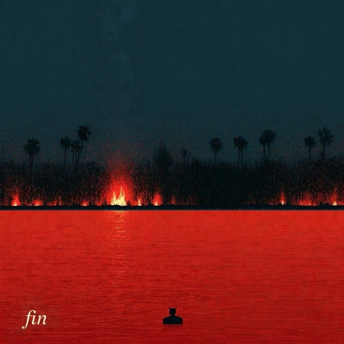 A surreal digital artwork with the word 'fin' in the corner, depicting a small silhouetted figure in red water under a dark sky, with flames and palm trees on the distant shore.