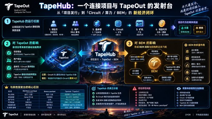 An infographic explaining 'TapeHub', a launch platform connecting projects with TapeOut, detailing mechanisms, BEM impact, core categories, and risks in Chinese.