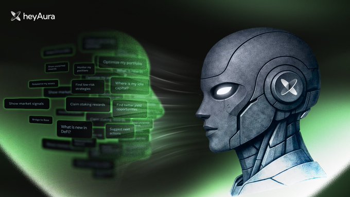 The image features a robot head with a face and ears, facing towards the right side of the frame. The background is black, which contrasts with the white text that reads "Gm gAura I've been exploring @heyaura recently, and one thing keeps standing out. Most AI tools in crypto still act like assistants. They answer questions, surface opportunities, and leave the final work to you. aura seems to be moving towards something different". The robot head is positioned above a list of words or phrases that are floating around it, which further emphasizes the focus on the robot's face and ears.