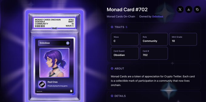A digital "Monad Card #702" owned by 0xboaa displays a purple-haired character avatar with traits including Wave C, Role Community, and Mint Grade 10. The post celebrates the card's perfect Mint Grade of 10, reflecting excitement about achieving the highest possible score in the Monad Cards On-Chain collection.