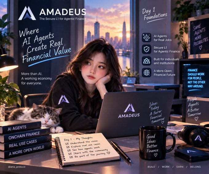 A promotional graphic for 'AMADEUS - The Secure L1 for Agentic Finance' shows an anime-style girl at a desk with a cat, laptop, and books labeled 'AI AGENTS', 'ONCHAIN FINANCE', 'REAL USE CASES', and 'A MORE OPEN WORLD'.