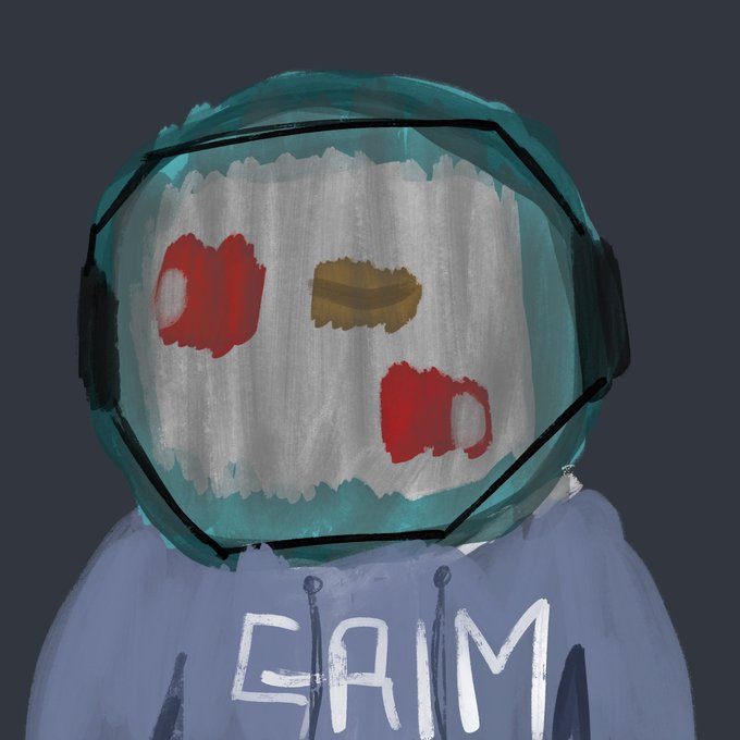 A digital painting of an astronaut/figure wearing a teal helmet with a white mask featuring red and gold rectangular markings, with the letters 'GRIM' visible on the suit below.