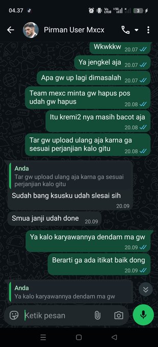 A WhatsApp chat screenshot in Indonesian with the contact 'Pirman User Mxcx', showing a conversation about deleting posts, re-uploading content, and resolving a dispute, with messages timestamped between 20.07 and 20.09.