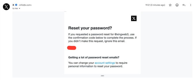 An email from x.com with the subject 'Reset your password?' containing instructions for account @xingweb3, with the confirmation code redacted.