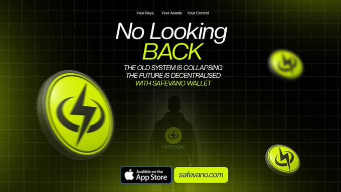 A promotional graphic for 'SAFEVANO WALLET' with green and black colors, featuring the text 'No Looking BACK - THE OLD SYSTEM IS COLLAPSING, THE FUTURE IS DECENTRALISED' and safevano.com.