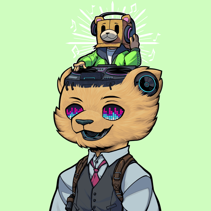 A cartoon NFT-style illustration of a bear character wearing a vest and tie, with a small bear DJ mixing on turntables on top of its head, featuring pixel-art sunglasses and music notes in the background.