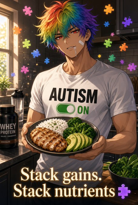 An anime-style illustration of a muscular character with rainbow hair holding a healthy meal of grilled chicken, rice, and vegetables, wearing a shirt that says 'AUTISM ON', with text 'Stack gains. Stack nutrients'.