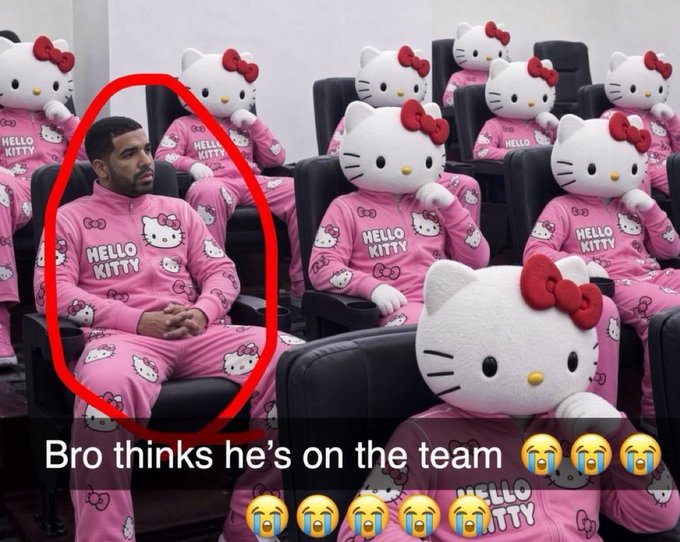 A meme image showing Kyrie Irving (circled in red) sitting among Hello Kitty plush characters all wearing pink Hello Kitty outfits, captioned 'Bro thinks he's on the team' with crying emojis.