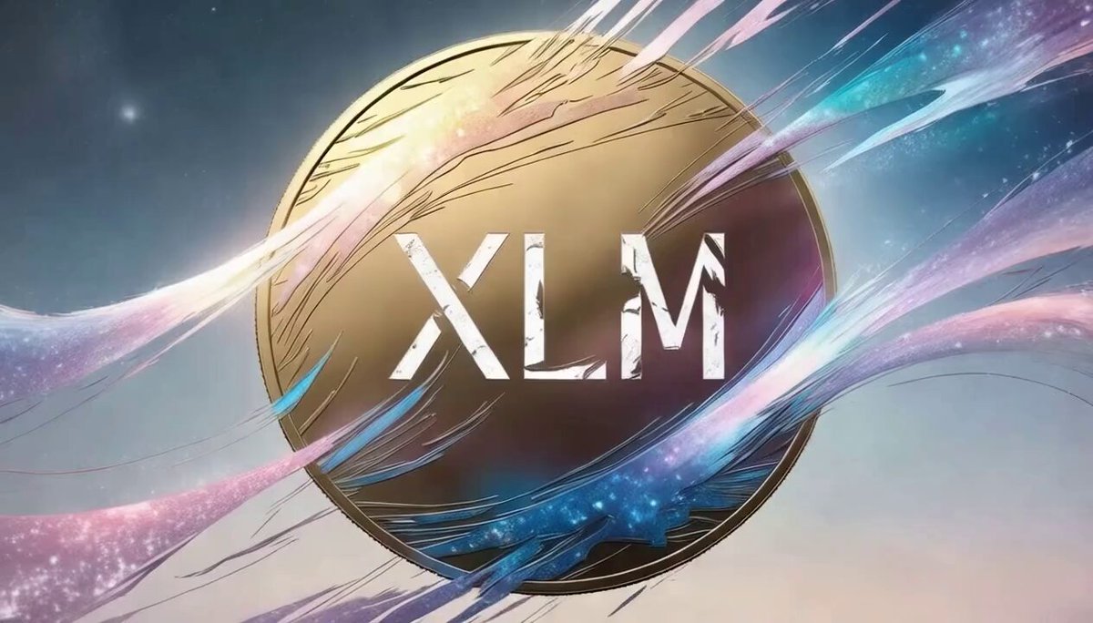 The image features a large, circular gold coin with the word "XLM" written on it. The background of the image is a gradient of purple and blue colors, creating an artistic and visually appealing effect. The text "XLM" is positioned in the center of the circle, making it the focal point of the image.