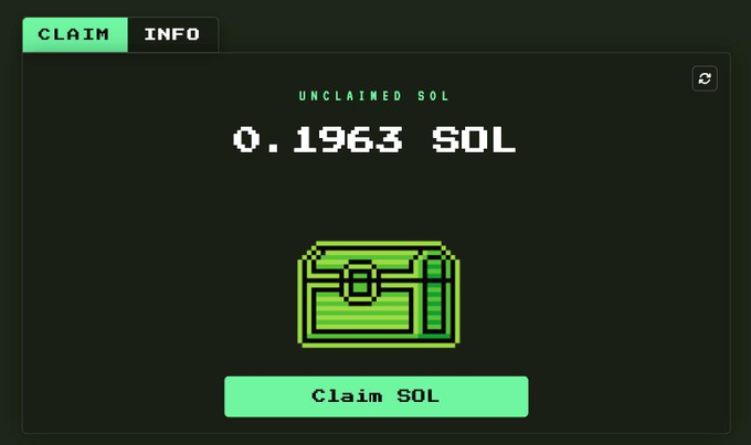 A digital interface displays 'UNCLAIMED SOL' with a balance of '0.1963 SOL' in pixelated text above a pixel-art treasure chest graphic, with a green 'Claim SOL' button at the bottom.