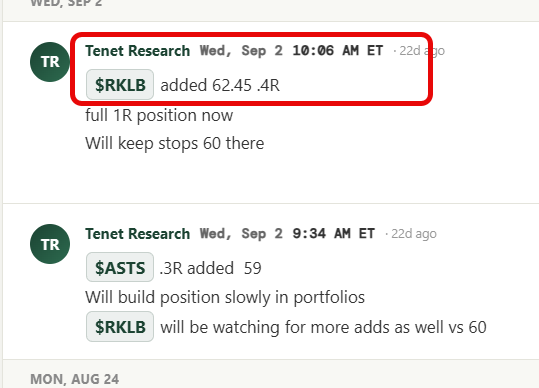 A chat log from "Tenet Research" on Wed, Sep 2 shows messages where $RKLB was added at 62.45 to reach a full 1R position with stops at 60, supporting the post's claim of loading in the 60s and helping portfolios via tenetresearch.ai.