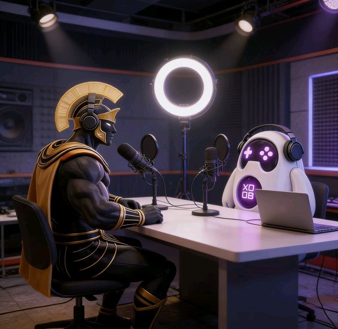 A futuristic podcast studio scene featuring a gladiator in Roman armor and a white robot with purple XO logos, both wearing headphones and sitting at microphones.
