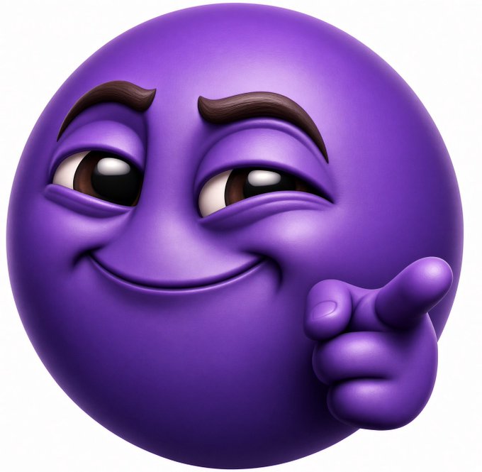 A purple smiling emoji face with raised eyebrows and a hand giving a thumbs-up gesture.