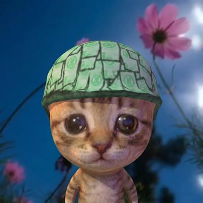 A digitally rendered cat-like character wearing a green knit beanie hat, set against a backdrop of blue sky and pink cosmos flowers.