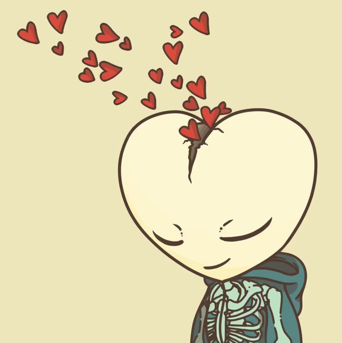 A cartoon illustration of a skeletal character with a heart-shaped head, peacefully smiling with eyes closed as glowing red hearts float out from a crack in their head.