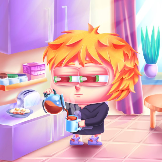 A cartoon character with messy orange hair and green-striped glasses carefully pours steaming coffee from a carafe into a blue mug in a sunlit kitchen, capturing the drowsy ritual of starting a new trading day. The image ties into the "Robinhood Chain" theme by humorously depicting the morning coffee routine every retail investor relies on to face another session in the markets.