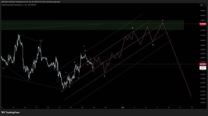 TradingView chart for USDT Dominance displaying an Elliott Wave technical analysis with labeled waves, trendlines, and forecasted price movements on a dark theme interface.